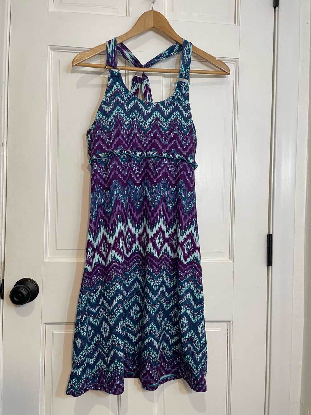 Freedom Trail Sleeveless Zigzag Pattern Halter Dress in Teal & Purple Sz Small